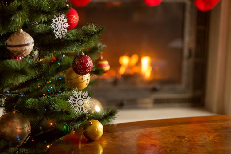 Christmas tree by fireplace