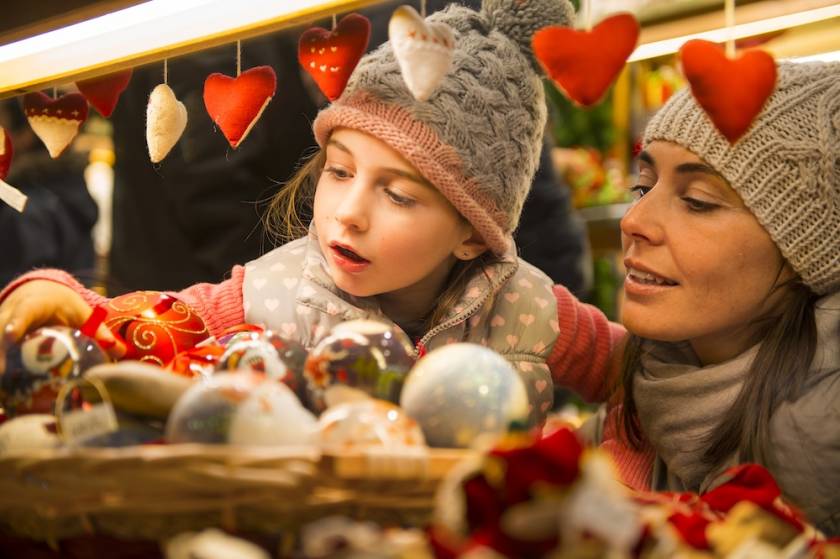 Mother and daughter looking at ornaments at a christmas market